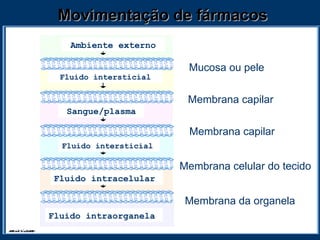 Movimentação de fármacos Mucosa ou pele Mucosa ou pele Membrana capilar Membrana capilar Membrana celular do tecido Membrana da organela Ambiente externo Fluido intersticial Sangue/plasma Fluido intersticial Fluido intracelular Fluido intraorganela 