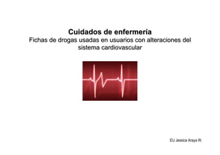 Cuidados de enfermer
Cuidados de enfermerí
ía
a
Fichas de drogas usadas en usuarios con alteraciones del
Fichas de drogas usadas en usuarios con alteraciones del
sistema cardiovascular
sistema cardiovascular
EU Jessica Araya W.
 