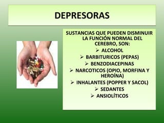 DEPRESORAS SUSTANCIAS QUE PUEDEN DISMINUIR LA FUNCIÓN NORMAL DEL CEREBRO, SON: ALCOHOL BARBITURICOS (PEPAS) BENZODIACEPINAS NARCOTICOS (OPIO, MORFINA Y HEROÍNA) INHALANTES (POPPER Y SACOL) SEDANTES ANSIOLÍTICOS 