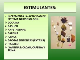 ESTIMULANTES: INCREMENTA LA ACTIVIDAD DEL SISTEMA NERVIOSO, SON: COCAINA BASUCO ANFETAMINAS CAFEINA CRACK DROGAS SINTETICAS (ÉXTASIS) TABACO  XANTINAS: CACAO, CAFEÍNA Y TEÍNA. 