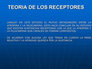 TEORIA DE LOS RECEPTORESLANGLEY EN 1878 ESTUDIO EL MUTUO ANTAGONISMO ENTRE LA ATROPINA Y LA PILOCARPINA. ESTO HACE CONCLUIR EN SU ESTUDIO QUE EXISTEN SUSTANCIAS RECEPTORAS CON LA QUE LA ATROPINA Y LA PILOCARPINA SON CAPACES DE FORMAR COMPUESTOS.	DE ACUERDO CON ALGUNA LEY QUE TENGA EN CUENTA LA MASA RELATIVA Y LA AFINIDAD QUIMICA POR LA SUSTANCIA.