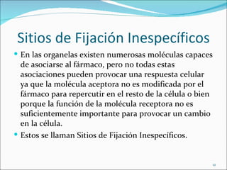 Sitios de Fijación Inespecíficos
 En las organelas existen numerosas moléculas capaces
  de asociarse al fármaco, pero no todas estas
  asociaciones pueden provocar una respuesta celular
  ya que la molécula aceptora no es modificada por el
  fármaco para repercutir en el resto de la célula o bien
  porque la función de la molécula receptora no es
  suficientemente importante para provocar un cambio
  en la célula.
 Estos se llaman Sitios de Fijación Inespecíficos.


                                                            12
 