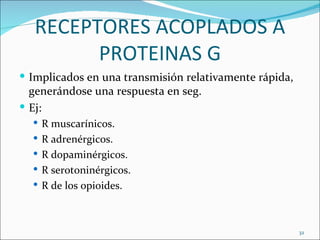 RECEPTORES ACOPLADOS A
         PROTEINAS G
 Implicados en una transmisión relativamente rápida,
  generándose una respuesta en seg.
 Ej:
   R muscarínicos.
   R adrenérgicos.
   R dopaminérgicos.
   R serotoninérgicos.
   R de los opioides.




                                                        32
 