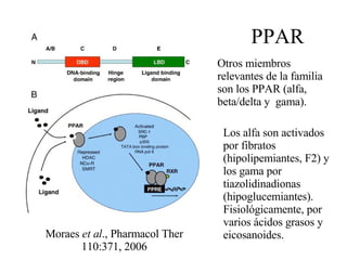 PPAR Otros miembros relevantes de la familia son los PPAR (alfa, beta/delta y  gama). Los alfa son activados por fibratos (hipolipemiantes, F2) y los gama por tiazolidinadionas (hipoglucemiantes). Fisiológicamente, por varios ácidos grasos y eicosanoides. Moraes  et al ., Pharmacol Ther 110:371, 2006 