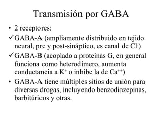 Transmisión por GABA 2 receptores: GABA-A (ampliamente distribuido en tejido neural, pre y post-sináptico, es canal de Cl - ) GABA-B (acoplado a proteínas G, en general funciona como heterodímero, aumenta conductancia a K +  o inhibe la de Ca ++ ) GABA-A tiene múltiples sitios de unión para diversas drogas, incluyendo benzodiazepinas, barbitúricos y otras. 