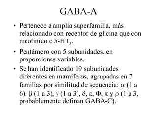 GABA-A Pertenece a amplia superfamilia, más relacionado con receptor de glicina que con nicotínico o 5-HT 3 . Pentámero con 5 subunidades, en proporciones variables. Se han identificado 19 subunidades diferentes en mamíferos, agrupadas en 7 familias por similitud de secuencia:    (1 a 6),    (1 a 3),    (1 a 3),   ,   ,   ,    y    (1 a 3, probablemente definan GABA-C). 