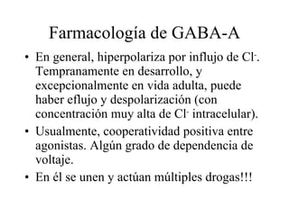 Farmacología de GABA-A En general, hiperpolariza por influjo de Cl - . Tempranamente en desarrollo, y excepcionalmente en vida adulta, puede haber eflujo y despolarización (con concentración muy alta de Cl -  intracelular). Usualmente, cooperatividad positiva entre agonistas. Algún grado de dependencia de voltaje. En él se unen y actúan múltiples drogas!!! 