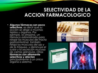 SELECTIVIDAD DE LA
ACCION FARMACOLOGICO
• Algunos fármacos son poco
selectivos, es decir que su
acción se dirige a muchos
tejidos u órganos. Por
ejemplo, la atropina, un
fármaco administrado para
relajar los músculos del tracto
gastrointestinal, también
relaja los músculos del ojo y
de la tráquea, y disminuye el
sudor y la secreción mucosa
de ciertas glándulas. Otros
fármacos son altamente
selectivos y afectan
principalmente a un único
órgano o sistema.
 