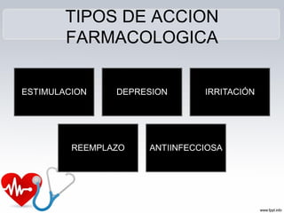 TIPOS DE ACCION
FARMACOLOGICA
ESTIMULACION DEPRESION IRRITACIÓN
REEMPLAZO ANTIINFECCIOSA
 