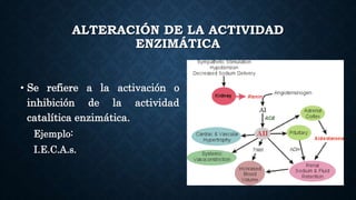ALTERACIÓN DE LA ACTIVIDAD
ENZIMÁTICA
• Se refiere a la activación o
inhibición de la actividad
catalítica enzimática.
Ejemplo:
I.E.C.A.s.
 