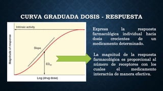 CURVA GRADUADA DOSIS - RESPUESTA
Expresa la respuesta
farmacológica individual hacia
dosis crecientes de un
medicamento determinado.
La magnitud de la respuesta
farmacológica es proporcional al
número de receptores con los
cuales el medicamento
interactúa de manera efectiva.
 