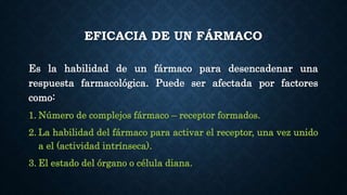 EFICACIA DE UN FÁRMACO
Es la habilidad de un fármaco para desencadenar una
respuesta farmacológica. Puede ser afectada por factores
como:
1. Número de complejos fármaco – receptor formados.
2. La habilidad del fármaco para activar el receptor, una vez unido
a el (actividad intrínseca).
3. El estado del órgano o célula diana.
 