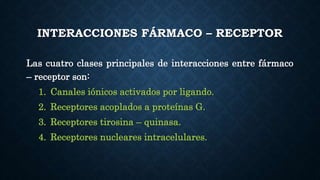 INTERACCIONES FÁRMACO – RECEPTOR
Las cuatro clases principales de interacciones entre fármaco
– receptor son:
1. Canales iónicos activados por ligando.
2. Receptores acoplados a proteínas G.
3. Receptores tirosina – quinasa.
4. Receptores nucleares intracelulares.
 