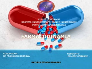 FARMACODINAMIA
MATURIN ESTADO MONAGAS
NUCLEO DE MONAGAS
HOSPITAL UNIVERSITARIO “Dr. MANUEL NUÑEZ TOVAR”.
POSTGRADO DE ANESTESIOLOGIA
CORDINADOR :
DR FRANSISCO CORDOVA
RESIDENTE :
DR JOSE CORMANE
 