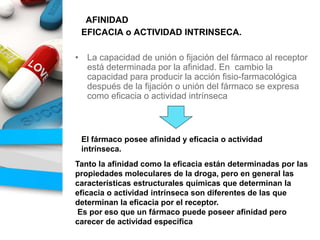 AFINIDAD
EFICACIA o ACTIVIDAD INTRINSECA.
• La capacidad de unión o fijación del fármaco al receptor
está determinada por la afinidad. En cambio la
capacidad para producir la acción fisio-farmacológica
después de la fijación o unión del fármaco se expresa
como eficacia o actividad intrínseca
El fármaco posee afinidad y eficacia o actividad
intrínseca.
Tanto la afinidad como la eficacia están determinadas por las
propiedades moleculares de la droga, pero en general las
características estructurales químicas que determinan la
eficacia o actividad intrínseca son diferentes de las que
determinan la eficacia por el receptor.
Es por eso que un fármaco puede poseer afinidad pero
carecer de actividad específica
 