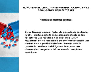 HOMOESPECIFICIDAD Y HETEROESPECIFICIDAD EN LA
REGULACION DE RECEPTORES
Regulación homoespecífica:
Ej. un fármaco como el factor de crecimiento epidermal
(EGF), produce ante la activación persistente de los
receptores una regulación en descenso (Down
regulation) de los receptores, y como consecuencia una
disminución o pérdida del efecto. En este caso la
presencia continuada del ligando determina una
disminución progresiva del número de receptores
sensibles.
 