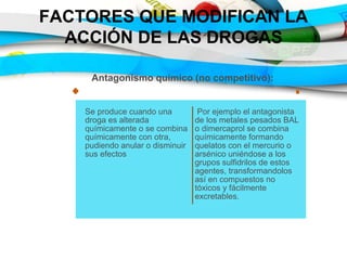 FACTORES QUE MODIFICAN LA
ACCIÓN DE LAS DROGAS
Antagonismo químico (no competitivo):
Se produce cuando una
droga es alterada
químicamente o se combina
químicamente con otra,
pudiendo anular o disminuir
sus efectos
Por ejemplo el antagonista
de los metales pesados BAL
o dimercaprol se combina
químicamente formando
quelatos con el mercurio o
arsénico uniéndose a los
grupos sulfidrilos de estos
agentes, transformandolos
así en compuestos no
tóxicos y fácilmente
excretables.
 