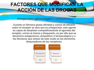 FACTORES QUE MODIFICAN LA
ACCIÓN DE LAS DROGAS
Antagonismo farmacológico o competitivo:
Cuando un fármaco posee afinidad y carece de eficacia
sobre el receptor se dice que es antagonista, este agente
es capaz de desplazar competitivamente al agonista del
receptor, unirse al mismo y bloquearlo, es por ello que se
denomina antagonismo competitivo o farmacológico y a
los fármacos que actúan de este modo se los denomina
bloqueadores de los receptores
.
 