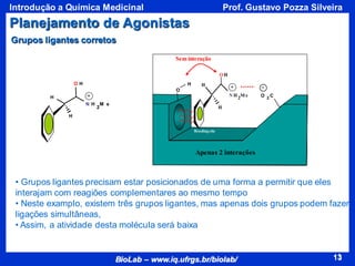 13
BioLab – www.iq.ufrgs.br/biolab/
Prof. Gustavo Pozza Silveira
Introdução a Química Medicinal
13
• Grupos ligantes precisam estar posicionados de uma forma a permitir que eles
interajam com reagiões complementares ao mesmo tempo
• Neste examplo, existem três grupos ligantes, mas apenas dois grupos podem fazer
ligações simultâneas,
• Assim, a atividade desta molécula será baixa
H
N H
2
M e
O H
H
O
O 2 C
H
Bindingsite
Apenas 2 interações
H
N H2M e
H
OH
Sem interação
Grupos ligantes corretos
Planejamento de Agonistas
 