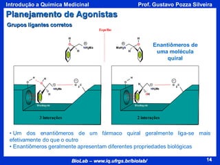 14
BioLab – www.iq.ufrgs.br/biolab/
Prof. Gustavo Pozza Silveira
Introdução a Química Medicinal
14
• Um dos enantiômeros de um fármaco quiral geralmente liga-se mais
efetivamente do que o outro
• Enantiômeros geralmente apresentam diferentes propriedades biológicas
O
O
2
C
H
Bindingsite
3 interações
O
NH2Me
H
H
O
O
2
C
H
Bindingsite
2 interações
OH
NH2Me
H
O
NH2Me
H
H
O
MeH2N
H
H
Espelho
Enantiômeros de
uma molécula
quiral
Grupos ligantes corretos
Planejamento de Agonistas
 