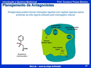 21
BioLab – www.iq.ufrgs.br/biolab/
Prof. Gustavo Pozza Silveira
Introdução a Química Medicinal
21
O
O
Asp
-
HO
Antagonistas podem formar interações ligantes com regiões ligantes extras
próximas ao sítio ligante utilizado pelo mensageiro natural.
Extra hydrophobic
binding region
Hydrophobic
binding region
Ionic binding
region
H-bond
binding region
Hypothetical
neurotransmitter
NH2Me
HO
H
Planejamento de Antagonistas
 