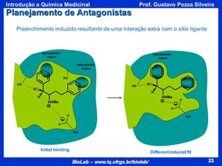 23
BioLab – www.iq.ufrgs.br/biolab/
Prof. Gustavo Pozza Silveira
Introdução a Química Medicinal
23
Hydrophobic
region
O
O
Asp
HO
Hydrophobic
region
HO
Initial binding
-
Preenchimento induzido resultante de uma interação extra com o sítio ligante
NHMe
HO
H
Hydrophobic
region
O
O
Asp
HO
Differentinduced fit
-
NHMe
HO
H
Planejamento de Antagonistas
 