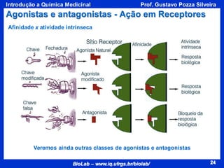24
BioLab – www.iq.ufrgs.br/biolab/
Prof. Gustavo Pozza Silveira
Introdução a Química Medicinal
24
Agonistas e antagonistas - Ação em Receptores
Afinidade x atividade intrínseca
Veremos ainda outras classes de agonistas e antagonistas
 