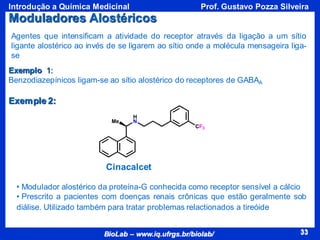 33
BioLab – www.iq.ufrgs.br/biolab/
Prof. Gustavo Pozza Silveira
Introdução a Química Medicinal
33
Agentes que intensificam a atividade do receptor através da ligação a um sítio
ligante alostérico ao invés de se ligarem ao sítio onde a molécula mensageira liga-
se
Exemple 2:
Me
H
N
CF3
Cinacalcet
• Modulador alostérico da proteína-G conhecida como receptor sensível a cálcio
• Prescrito a pacientes com doenças renais crônicas que estão geralmente sob
diálise. Utilizado também para tratar problemas relactionados a tireóide
Moduladores Alostéricos
Exemplo 1:
Benzodiazepínicos ligam-se ao sítio alostérico do receptores de GABAA
 
