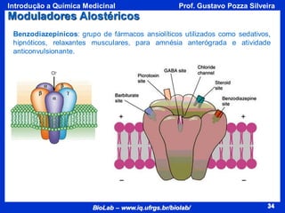 34
BioLab – www.iq.ufrgs.br/biolab/
Prof. Gustavo Pozza Silveira
Introdução a Química Medicinal
34
Moduladores Alostéricos
Benzodiazepínicos: grupo de fármacos ansiolíticos utilizados como sedativos,
hipnóticos, relaxantes musculares, para amnésia anterógrada e atividade
anticonvulsionante.
 