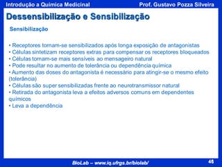 46
BioLab – www.iq.ufrgs.br/biolab/
Prof. Gustavo Pozza Silveira
Introdução a Química Medicinal
46
• Receptores tornam-se sensibilizados após longa exposição de antagonistas
• Células sintetizam receptores extras para compensar os receptores bloqueados
• Células tornam-se mais sensíveis ao mensageiro natural
• Pode resultar no aumento de tolerância ou dependência química
• Aumento das doses do antagonista é necessário para atingir-se o mesmo efeito
(tolerância)
• Células são super sensibilizadas frente ao neurotransmissor natural
• Retirada do antagonista leva a efeitos adversos comuns em dependentes
químicos
• Leva a dependência
Sensibilização
Dessensibilização e Sensibilização
 