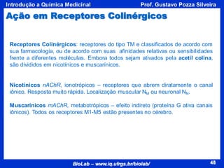 48
BioLab – www.iq.ufrgs.br/biolab/
Prof. Gustavo Pozza Silveira
Introdução a Química Medicinal
48
Receptores Colinérgicos: receptores do tipo TM e classificados de acordo com
sua farmacologia, ou de acordo com suas afinidades relativas ou sensibilidades
frente a diferentes moléculas. Embora todos sejam ativados pela acetil colina,
são divididos em nicotínicos e muscarínicos.
Nicotínicos nAChR, ionotrópicos – receptores que abrem diratamente o canal
iônico. Resposta muito rápida. Localização muscular NM ou neuronal NN.
Muscarínicos mAChR, metabotrópicos – efeito indireto (proteína G ativa canais
iônicos). Todos os receptores M1-M5 estão presentes no cérebro.
Ação em Receptores Colinérgicos
 