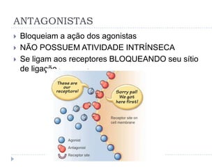 ANTAGONISTAS
   Bloqueiam a ação dos agonistas
   NÃO POSSUEM ATIVIDADE INTRÍNSECA
   Se ligam aos receptores BLOQUEANDO seu sítio
    de ligação
 