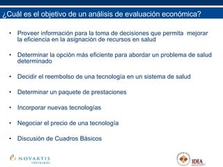¿Cuál es el objetivo de un análisis de evaluación económica? Proveer información para la toma de decisiones que permita  mejorar la eficiencia en la asignación de recursos en salud Determinar la opción más eficiente para abordar un problema de salud determinado Decidir el reembolso de una tecnología en un sistema de salud  Determinar un paquete de prestaciones Incorporar nuevas tecnologías Negociar el precio de una tecnología  Discusión de Cuadros Básicos 