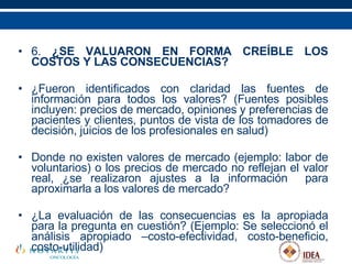 6.  ¿SE VALUARON EN FORMA CREÍBLE LOS COSTOS Y LAS CONSECUENCIAS? ¿Fueron identificados con claridad las fuentes de información para todos los valores? (Fuentes posibles incluyen: precios de mercado, opiniones y preferencias de pacientes y clientes, puntos de vista de los tomadores de decisión, juicios de los profesionales en salud)  Donde no existen valores de mercado (ejemplo: labor de voluntarios) o los precios de mercado no reflejan el valor real, ¿se realizaron ajustes a la información  para aproximarla a los valores de mercado? ¿La evaluación de las consecuencias es la apropiada para la pregunta en cuestión? (Ejemplo: Se seleccionó el análisis apropiado –costo-efectividad, costo-beneficio, costo-utilidad)  