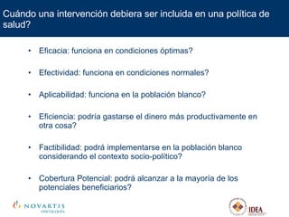 Cuándo una intervención debiera ser incluida en una política de salud? Eficacia: funciona en condiciones óptimas? Efectividad: funciona en condiciones normales? Aplicabilidad: funciona en la población blanco? Eficiencia: podría gastarse el dinero más productivamente en otra cosa? Factibilidad: podrá implementarse en la población blanco considerando el contexto socio-político? Cobertura Potencial: podrá alcanzar a la mayoría de los potenciales beneficiarios? 