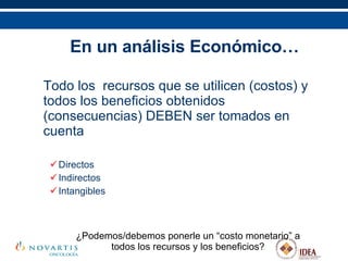En un análisis Económico… Todo los  recursos que se utilicen (costos) y todos los beneficios obtenidos (consecuencias) DEBEN ser tomados en cuenta Directos Indirectos Intangibles ¿Podemos/debemos ponerle un “costo monetario” a todos los recursos y los beneficios? 