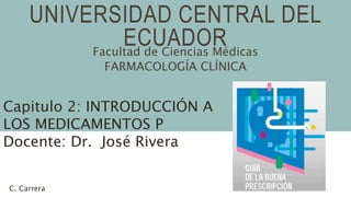 UNIVERSIDAD CENTRAL DEL
ECUADORFacultad de Ciencias Médicas
FARMACOLOGÍA CLÍNICA
Capitulo 2: INTRODUCCIÓN A
LOS MEDICAMENTOS P
Docente: Dr. José Rivera
C. Carrera
 
