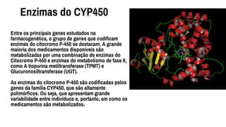 Enzimas do CYP450
Entre os principais genes estudados na
farmacogenética, o grupo de genes que codificam
enzimas do citocromo P-450 se destacam. A grande
maioria dos medicamentos disponíveis são
metabolizadas por uma combinação de enzimas do
Citocromo P-450 e enzimas do metabolismo de fase II,
como A tiopurina metiltransferase (TPMT) e
Glucuronosiltransferase (UGT).
As enzimas do citocromo P-450 são codificadas pelos
genes da família CYP450, que são altamente
polimórficos. Ou seja, que apresentam grande
variabilidade entre indivíduos e, portanto, em como os
medicamentos são metabolizados.
 