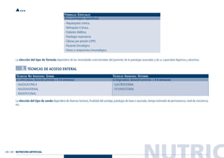 NUTRIC248 / 249
FÓRMULAS ESPECIALES
(Para patologías específicas).
La elección del tipo de fórmula dependerá de las necesidades nutricioneales del paciente, de la patología asociadas y de su capacidad digestiva y absortiva.
3. TÉCNICAS DE ACCESO ENTERAL
TÉCNICAS NO INVASIVAS: SONDA TÉCNICAS INVASIVAS: OSTOMÍA
(a corto plazo, duración prevista < 4-6 semanas) (a largo plazo, duración prevista > 4-6 semanas)
La elección del tipo de sonda dependerá de diversos factores,finalidad del sondaje,patología de base o asociada,tiempo estimado de permanencia,nivel de conciencia,
etc.
- GASTROSTOMIA
- YEYUNOSTOMIA
- NASOGÁSTRICA
- NASODUODENAL
- NASOYEYUNAL
- Hepatopatía crónica.
- Nefropatía Crónica.
- Diabetes Mellitus.
- Patología respiratoria.
- Úlceras por presión (UPP).
- Paciente Oncológico.
- Stress o compromiso inmunológico.
NUTRICIÓN ARTIFICIAL
•••
Guía Farmacogeria./04 FINAL_cor 22/4/05 12:33 Página 249
 