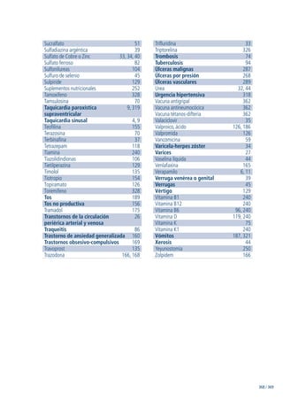 368 / 369
Sucralfato 51
Sulfadiazina argéntica 39
Sulfato de Cobre o Zinc 33, 34, 40
Sulfato ferroso 82
Sulfonilureas 104
Sulfuro de selenio 45
Sulpiride 129
Suplementos nutricionales 252
Tamoxifeno 328
Tamsulosina 70
Taquicardia paroxística 9, 319
supraventricular
Taquicardia sinusal 4, 9
Teofilina 155
Terazosina 70
Terbinafina 37
Tetrazepam 118
Tiamina 240
Tiazolidindionas 106
Tietilperazina 129
Timolol 135
Tiotropio 154
Topiramato 126
Toremifeno 328
Tos 189
Tos no productiva 156
Tramadol 175
Transtornos de la circulación 26
periérica arterial y venosa
Traqueitis 86
Trastorno de ansiedad generalizada 160
Trastornos obsesivo-compulsivos 169
Travoprost 135
Trazodona 166, 168
Trifluridina 33
Triptorelina 326
Trombosis 74
Tuberculosis 94
Úlceras malignas 287
Úlceras por presión 268
Úlceras vasculares 289
Urea 32, 44
Urgencia hipertensiva 318
Vacuna antigripal 362
Vacuna antineumocócica 362
Vacuna tétanos-difteria 362
Valaciclovir 35
Valproico, ácido 126, 186
Valpromida 126
Vancomicina 59
Varicela-herpes zóster 34
Varices 27
Vaselina líquida 44
Venlafaxina 165
Verapamilo 6, 11
Verruga venérea o genital 39
Verrugas 45
Vértigo 129
Vitamina B1 240
Vitamina B12 240
Vitamina B6 96, 240
Vitamina D 119, 240
Vitamina K 75
Vitamina K1 240
Vómitos 187, 321
Xerosis 44
Yeyunostomía 250
Zolpidem 166
GuíaFarmacogeria./04FINAL_cor22/4/0512:33Página369
 