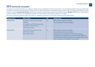 2. PREVENCIÓN SECUNDARIA
En prevención secundaria (pacientes con cardiopatía isquémica activa, antecedentes de infarto de miocardio u otra vasculopatía periférica), hasta el momento sólo
Simvastatina y Pravastatina han demostrado en ensayos clínicos (4S, CARE, LIPID,) disminuir la mortalidad coronaria y total, así como la incidencia de accidentes coronarios
mayores en pacientes menores de 70 años. Recientemente hay datos de estudios que extienden estos beneficios hasta los 80 años (PROSPER). Esta disminución de
la morbimortalidad coronaria se ha comprobado en pacientes con cifras iniciales de LDL-colesterol superiores a 135 mg/dl.
Por lo que en principio los pacientes mayores de 65 años son candidatos a tratamiento en las mismas condiciones que los adultos jóvenes.
PRINCIPIO ACTIVO DOSIS Y PAUTA VA OBSERVACIONES
R: No combinar estatinas con fibratos.
Control periódico de la función hepática.
R: No combinar estatinas con fibratos.
Control periódico de la función hepática.
A diferencia de otros inhibidores de la HMG-CoA reductasa,
Pravastatina no se metaboliza de manera clínicamente significativa
por el citocromo P-450, por ello es dentro de su grupo el fármaco que
menos interacciones farmacológicas va a presentar.
VO
VO
Dosis inicio: 10 mg incrementar según
respuesta.
En el estudio 4S, el 65% de los pacientes
respondieron a dosis de 20 mg.
Dosis máxima 40 mg.
Dosis inicio: 40 mg, salvo en IH e IR,
comenzar con 10 mg.
Dosis máxima: 80 mg.
SIMVASTATINA
PRAVASTATINA
GUIA FARMACOGERIATRICA
Guía Farmacogeria./04 FINAL_cor 22/4/05 12:32 Página 14
 
