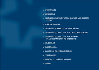 50 AFTAS BUCALES
50 MICOSIS ORAL
51 CICATRIZACIÓN ULCUS PÉPTICO NO ASOCIADO A HELICOBACTER
PYLORI
52 DISPEPSIA FUNCIONAL
53 ENFERMEDAD POR REFLUJO GASTROESOFÁGICO
55 ENFERMEDAD ULCEROSA ASOCIADA A HELYCOBACTER PYLORI
56 ENFERMEDAD ULCEROSA ASOCIADA AL EMPLEO
DE ANTIINFLAMATORIOS NO ESTEROIDEOS
57 CÓLICO BILIAR
58 DIARREA AGUDA
59 DIARREA POR CHLOSTRIDIUM DIFFICILE
60 ESTREÑIMIENTO
62 SÍNDROME DEL INTESTINO IRRITABLE
63 VÓMITOS
Guía Farmacogeria./04 FINAL_cor 22/4/05 12:32 Página 49
 