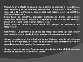Vasculatura:  El efecto principal de la epinefrina se produce en las arteriolas más pequeñas y en los esfínteres precapilares. La irrigación cutánea, de las mucosas y de los riñones, contiene sobre todo receptores  α .  La epinefrina contrae dichos vasos.  Dosis bajas de epinefrina producen dilatación de dichos vasos como consecuencia del efecto sobre los receptores  β 2.  Estos receptores son más sensibles a la epinefrina  que los receptores  α .  Dosis mayores producen vasoconstricción porque se estimulan los receptores  α . Hemostasia:  La epinefrina se utiliza con frecuencia como vasoconstrictor para conseguir hemostasia durante los procedimientos quirúrgicos. Sistema respiratorio:  La epinefrina es un dilatador potente del músculo liso de los bronquiolos, y el fármaco de elección para el tratamiento de los episodios asmáticos agudos (broncoespasmo). Sistema nervioso central:  Sus efectos estimulantes sobre el SNC aparecen cuando se administra una dosis excesiva. 