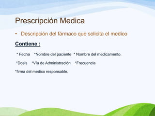 Prescripción Medica
• Descripción del fármaco que solicita el medico

Contiene :
* Fecha
*Dosis

*Nombre del paciente * Nombre del medicamento.
*Vía de Administración

*firma del medico responsable.

*Frecuencia

 