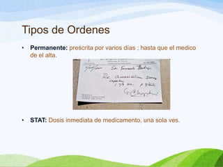 Tipos de Ordenes
•

Permanente: prescrita por varios días ; hasta que el medico
de el alta.

•

STAT: Dosis inmediata de medicamento, una sola ves.

 