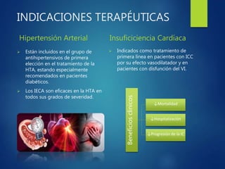 INDICACIONES TERAPÉUTICAS
Hipertensión Arterial
 Están incluidos en el grupo de
antihipertensivos de primera
elección en el tratamiento de la
HTA, estando especialmente
recomendados en pacientes
diabéticos.
 Los IECA son eficaces en la HTA en
todos sus grados de severidad.
Insuficiciencia Cardíaca
 Indicados como tratamiento de
primera línea en pacientes con ICC
por su efecto vasodilatador y en
pacientes con disfunción del VI.
Beneficiosclinicos
↓Mortalidad
↓Hospitalización
↓Progresión de la IC
 