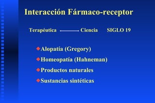 Interacción Fármaco-receptor Terapéutica  Ciencia SIGLO 19 ,[object Object],[object Object],[object Object],[object Object]