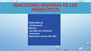 Dependencia
intolerancia
Mareos
perdida de memoria
insomnio
Depresión toxica del SNC
REACCIONES ADVERSAS DE LOS
ANSIOLÍTICOS
 