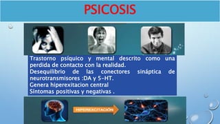 PSICOSIS
Trastorno psíquico y mental descrito como una
perdida de contacto con la realidad.
Desequilibrio de las conectores sináptica de
neurotransmisores :DA y 5-HT.
Genera hiperexitacion central
Síntomas positivas y negativas .
 