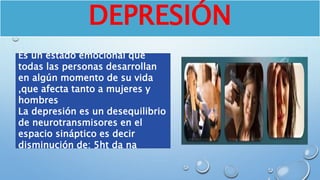 DEPRESIÓN
Es un estado emocional que
todas las personas desarrollan
en algún momento de su vida
,que afecta tanto a mujeres y
hombres
La depresión es un desequilibrio
de neurotransmisores en el
espacio sináptico es decir
disminución de: 5ht da na
 